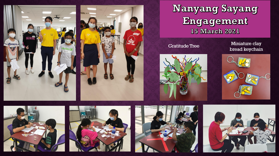 Nanyang Sayang Engagement event on 15 March 2021 showing masked children doing crafts including a gratitude tree and clay bread keychains.